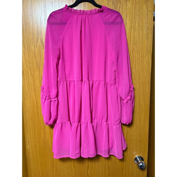 Vince Camuto Ruffle Neck Tiered Babydoll Dress Fuchsia Pink Long Sleeve M - Picture 7 of 9